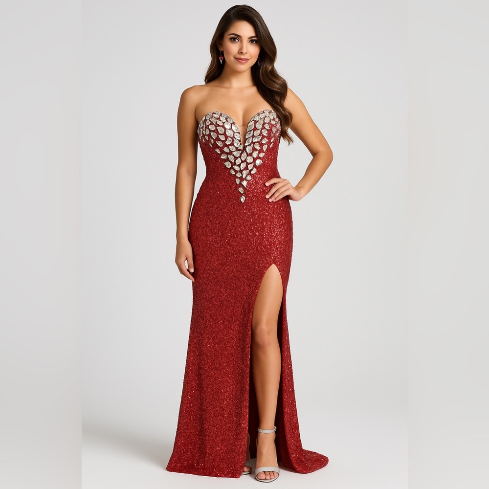 La Femme Strapless Red Sequin Gown